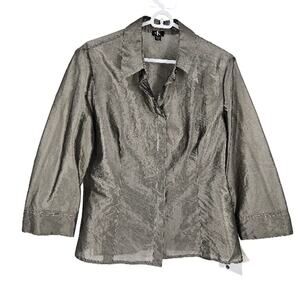 Vintage y2k Calvin Klein Blouse Silver Metallic Button Up Sheer Deadstock NWT 14